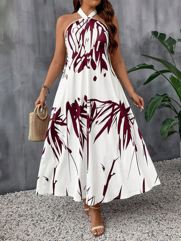 Plus Size Women Summer Plant Printed Halter Neck Long Dress