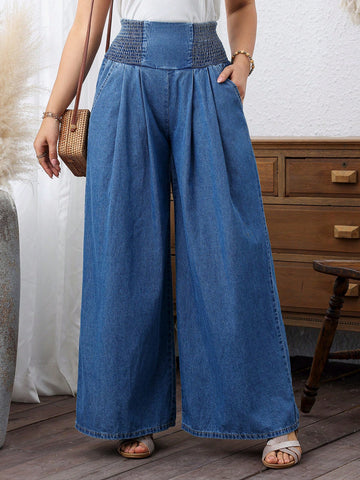 Loose Wide-Leg Jeans With Pleated Waistband, Diagonal Pockets And Folded Hems