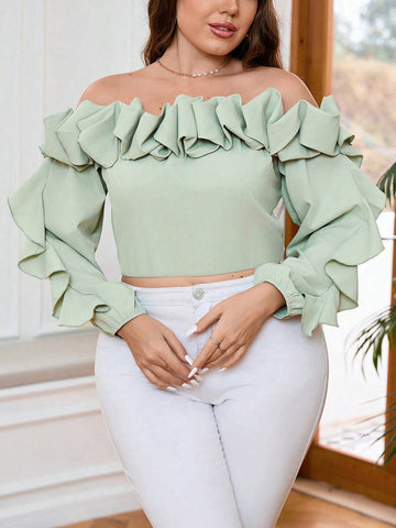 Elegant Plus Size One-Shoulder Ruffled Long-Sleeved Short Fitted Solid Color Top For A Date Out On The Street, Suitable For Spring And Summer