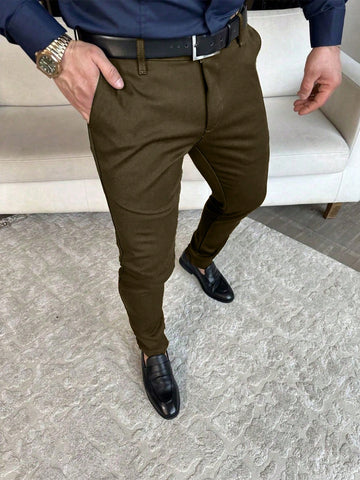 Men Solid Color Slanted Pocket Suit Pants