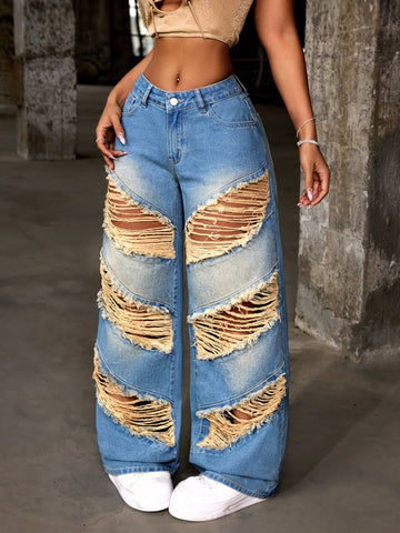 Ladies Casual Ripped Straight-Leg Jeans For Daily Stylish Outfit