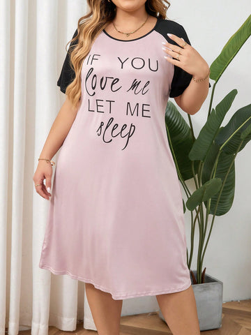 Contrast Color Plus Size Printed Round Neck Raglan Sleeve Summer Nightgown