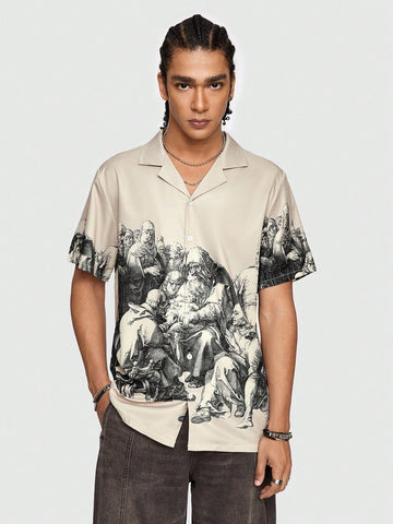 Men's Religion Print Short-Sleeved Shirt With Front Button Closure