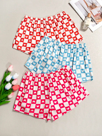Women Heart Print Checkerboard Pattern Summer Pajama Bottoms (3-Piece Set)
