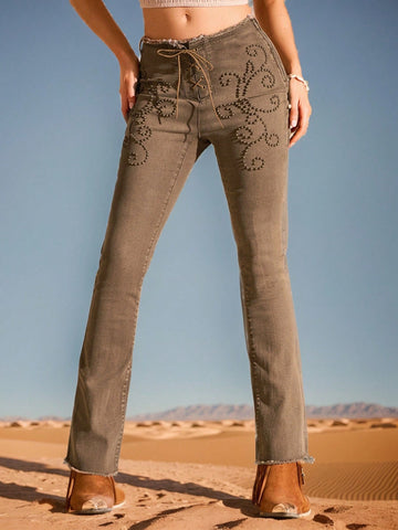 Women's Floral Beaded Decorated Cropped Jeans With Eyelet Tie Detail