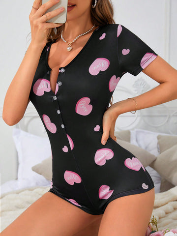Women's Heart Pattern V-Neck Romper Pajamas, Summer