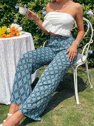 Women Solid Color Ruffle Strapless Top And Retro Patterned Long Pants Two Pieces Set