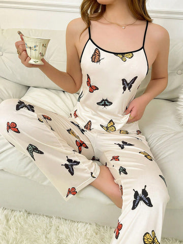 Colorful Butterfly Women\ Tank Top And Long Pants Pajama Set