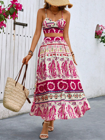 Women's Floral Print Vacation Style Crop Top With Spaghetti Straps And Midi Skirt Two-Piece Set For Summer Fashion