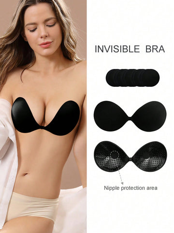 Push-Up Adhesive Breast Lift Tape And Nipple Covers Black 1+5 Set