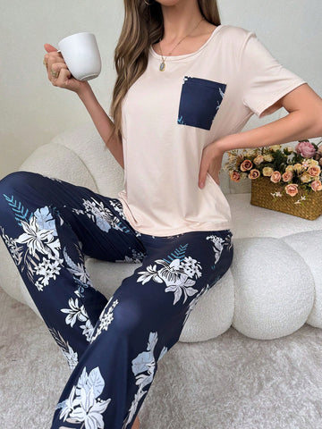 Color Block Pocket, Floral Print Women Pajama Set