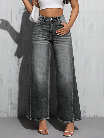 Women High Waisted Loose Fit Wide Leg Jeans With Pockets