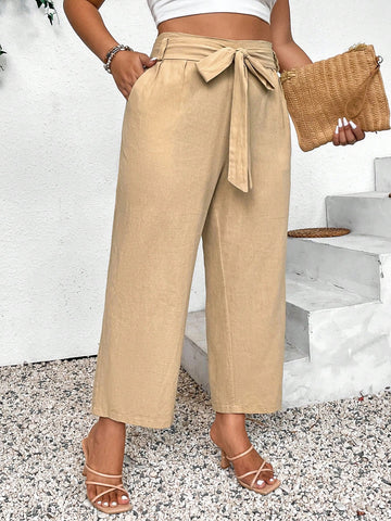 Plus Size Women Solid Color Waist Tie Insert Pocket Straight Leg Casual Pants