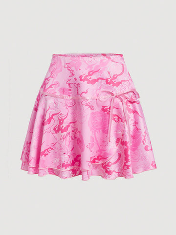 Summer Romantic Rose Printed Satin Girl Skirt