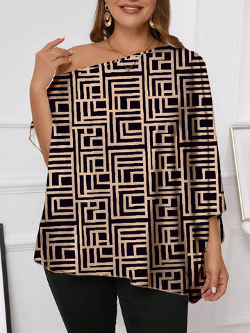 Plus Size Geometric Pattern Asymmetrical Collar Batwing Sleeve Shirt, Suitable For Spring