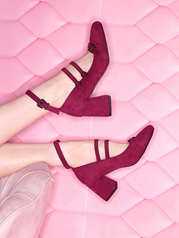 Fashionable Deep Red Belt Buckle Ankle Strap Shallow Mouth Square Toe Woman Shoes High Heels For Spring And Summer