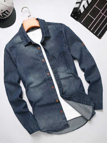 Men Water Washed Blue Long Sleeve Denim Shirt With Single Breasted Button