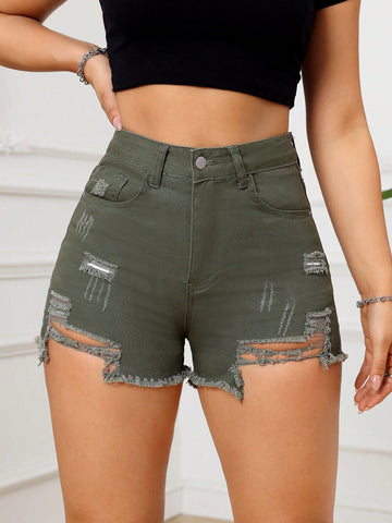 Solid Color Ripped Raw Edge Skinny Denim Shorts