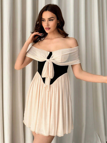Contrast Color One Shoulder, Chest Cup, Bow And Big A-Line Ballet Dress