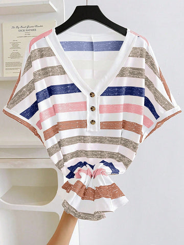 Color Block Stripes Simple Daily Plus Size T-Shirt