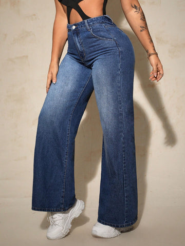 Women Wide Leg Loose Fit Casual Jeans With Pockets