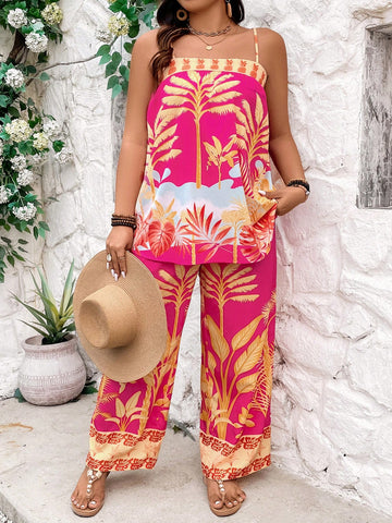 Plus Size Vintage Printed Vacation Style Two Piece Set With Spaghetti Strap Tank Top And Loose Wide Leg Pants