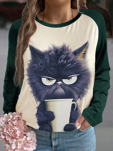Plus Size Long Sleeve Cat Print T-Shirt