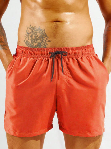 Men Summer Holiday Solid Color Drawstring Beach Shorts
