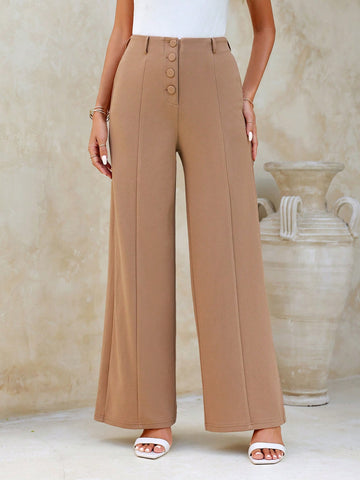 Women Solid Color Single-Breasted Seam Front Wide Leg Pants