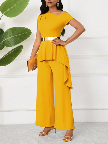 Asymmetric Neckline Faux Two-Piece Wide Leg Casual Jumpsuit With Waist Tie For Summer