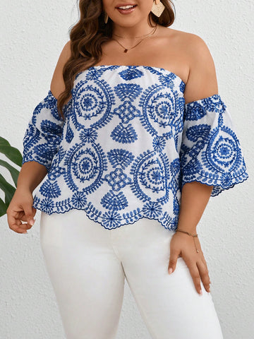Embroidered Scallop Edge Off Shoulder Top With Vacation Vibes, Summer