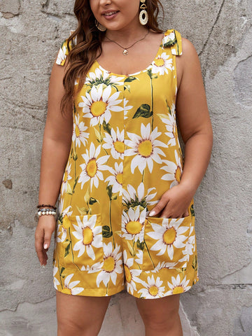 Plus Size Women's Summer Holiday Style Loose-Fit Daisy Printed Sleeveless Romper