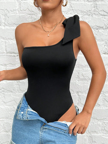 One Shoulder Tight Black Jumpsuit With Knot Detail For Summer