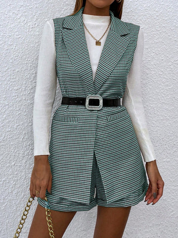 Plaid Plaid Lapel Collar Single Button Waistcoat And Shorts Suit Set