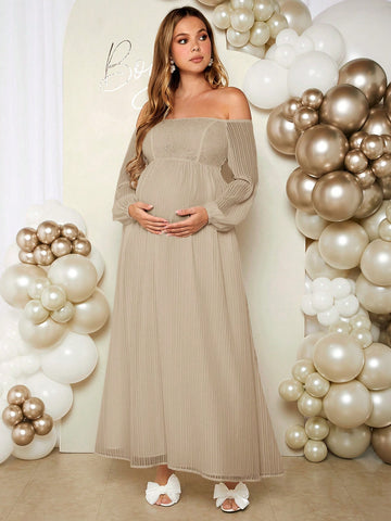 Pregnant Women One Shoulder Lantern Sleeve Long Elegant Romantic Gender Reveal Party Maxi Dress