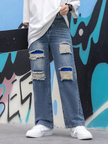 New Teen Boys' Casual, Fashionable, Retro, Vintage, Distressed Patchwork, Waterwashed, Straight-Leg, Jeans With Rips