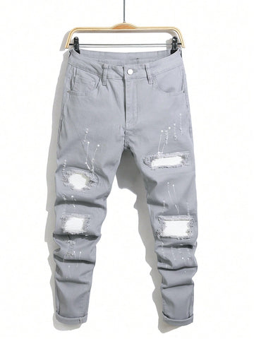 Men Casual Jeans With Ripped Holes And Pockets