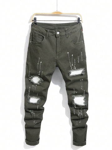 Men Casual Fashionable Jeans With Ripped Holes For Daily Wear