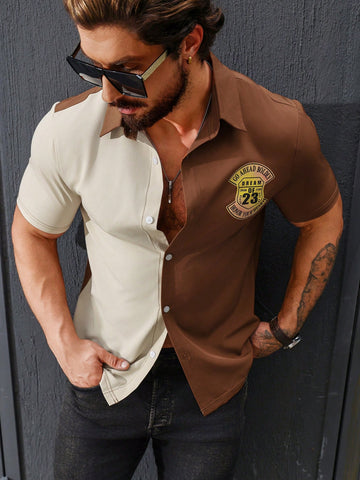 Men Short Sleeve Summer Shirt With Color Block And Badge Pattern