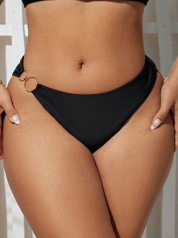 Plus Size Women Summer Beach Solid Bikini Bottom With Ring Detail