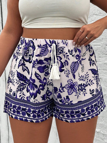 Plus Size Floral Print Elastic Waist Tie Summer Casual Beach Shorts