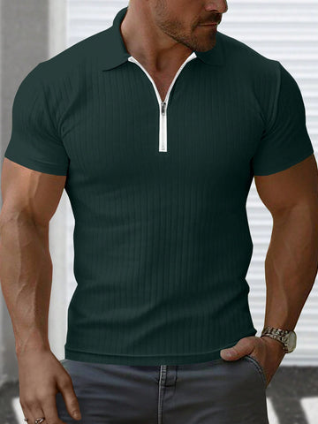 Men Solid Color Short Sleeve Polo Shirt With Zipper