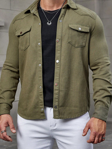 Men Buttoned Turn-Down Collar Flip Pocket Spring/Summer Casual Denim Shirt