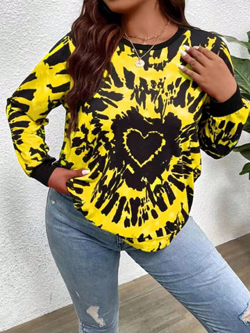 Plus Size Heart Tie Dye Round Neck Long Sleeve Spring Casual T-Shirt