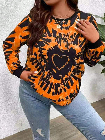 Plus Size Love Heart Tie-Dye Round Neck Long Sleeve Spring Casual T-Shirt