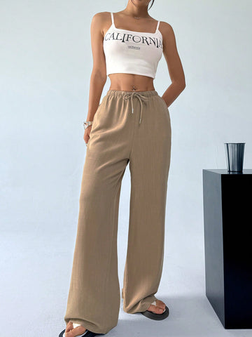Drawstring Waist Simple Loose Wide Leg Pants With Textured Finish