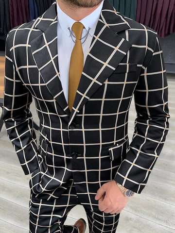 Men Grid Printed Flat Lapel Single-Breasted Suit Jacket And Pants Casual Suit
