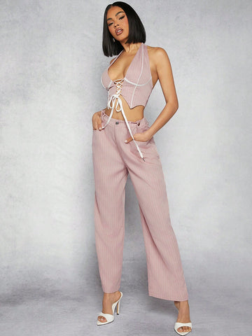 Pinstriped Lace Up Top & Pants Set