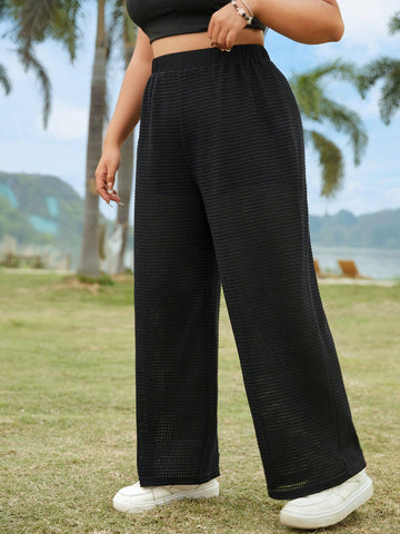 Women Plus Size Black See-Through Mesh Texture Fabric Casual Basic Solid Color Long Loose Straight Pants For Summer