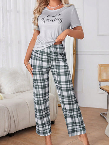 Women's Letter & Plaid Pattern Round Neck Short Sleeve Pajama Set